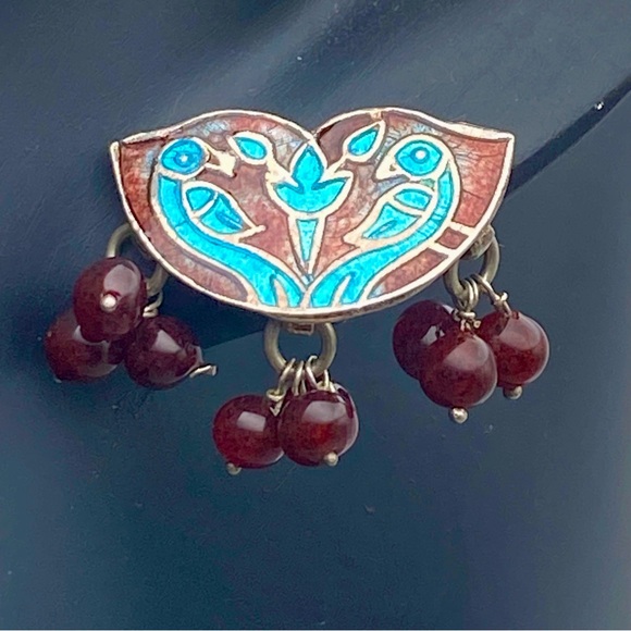 Blue & Red Enameled Half Moon earrings on Silver Base with Dangling Beads - Picture 1 of 7